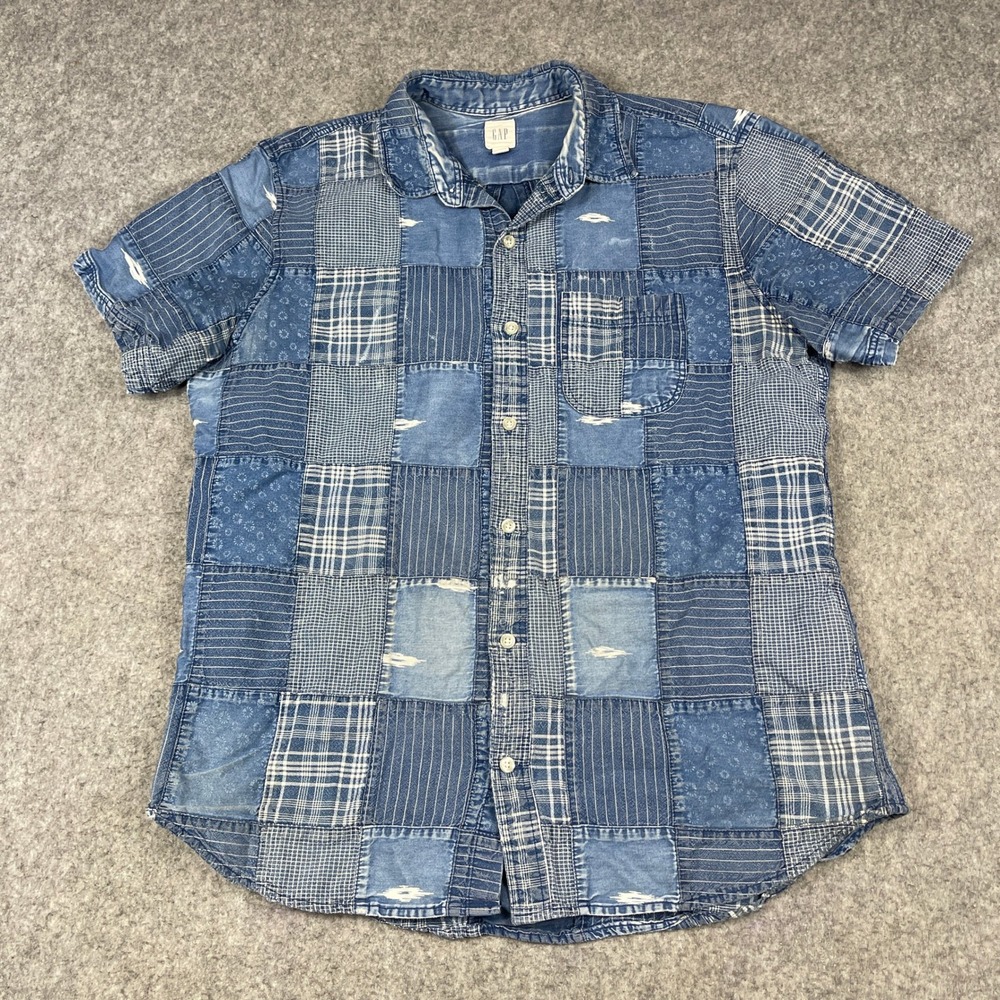 VTG 90s Gap Patchwork Button Down Shirt Mens Large Blue Indigo Cotton